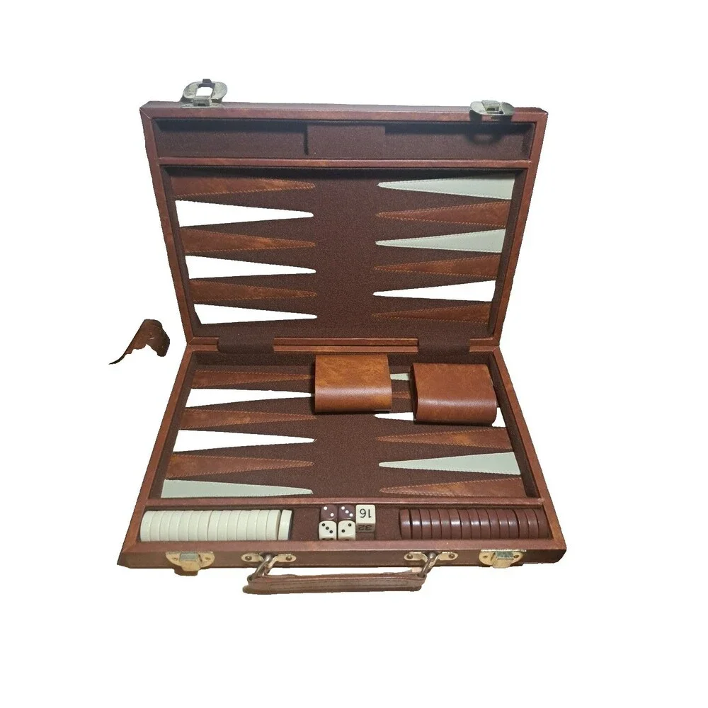 Vintage Backgammon Game Set Faux Leather Brown Case 15x10 No Instructions